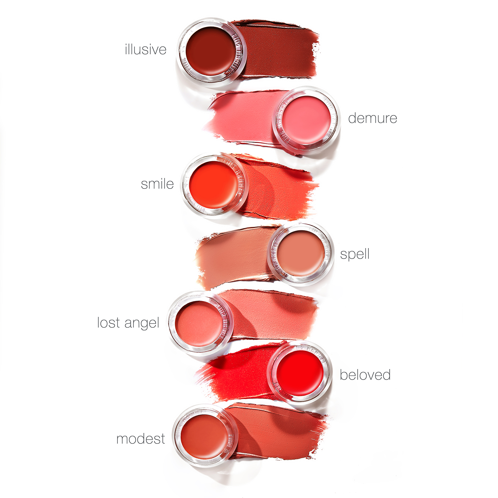 Odstíny RMS Beauty Lip2Cheek: Smile, Diabolique, Promise, Modest, Illusive, Demure, Beloved, Paradise, Lost Angel